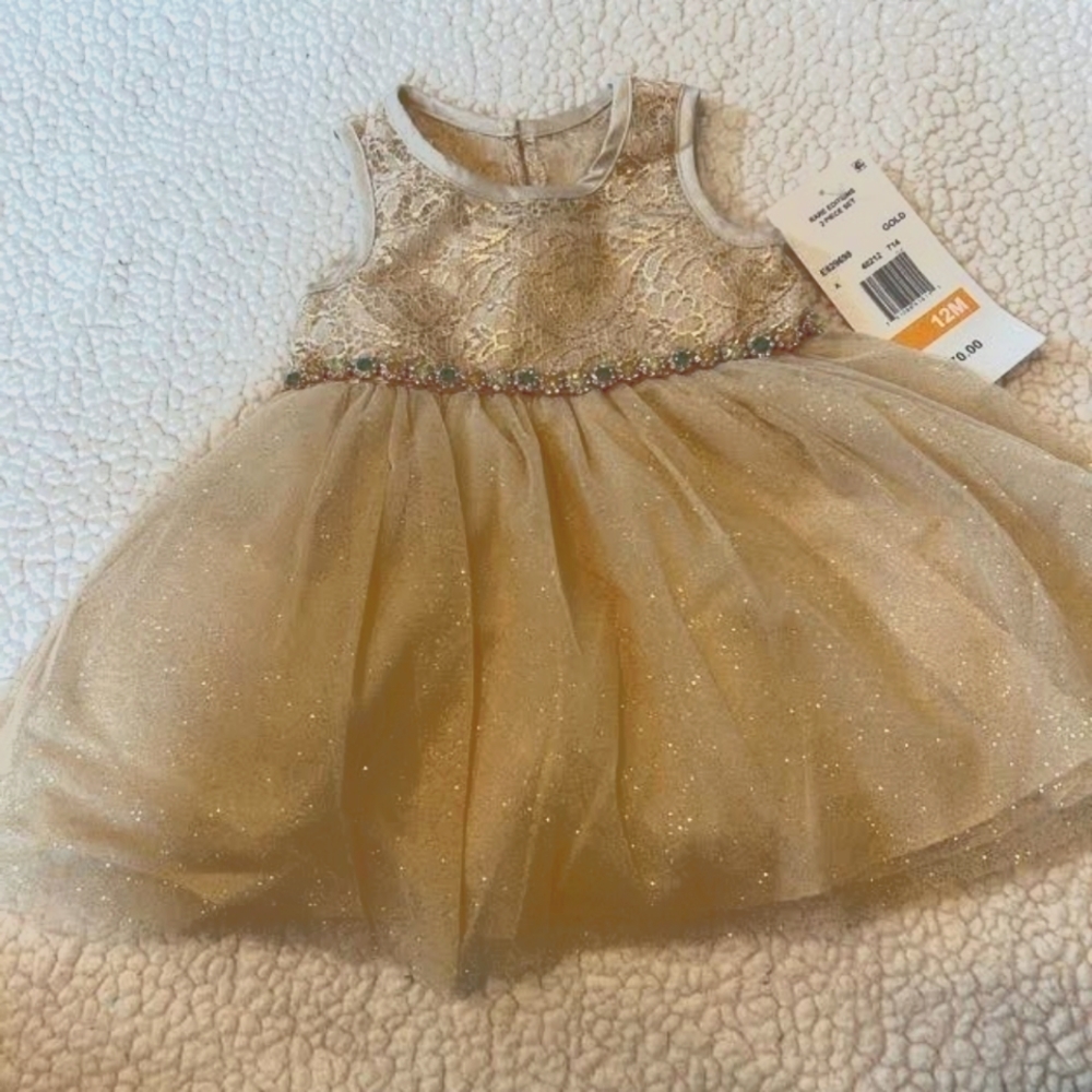 NWT GORGEOUS Baby Girls Rare Editions Gold Sparkle Dress Diaper Cover 12 Months